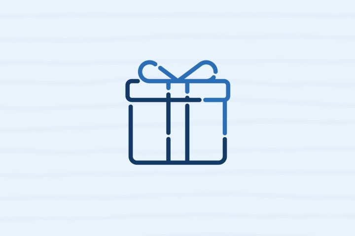 Simple blue outline of a gift box with a ribbon on a light background.