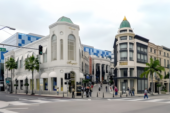 Street view of Rodeo Drive with luxury shops and palm trees.