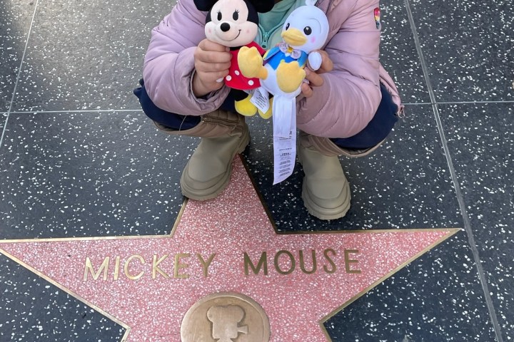 Child with toys squats by Mickey Mouse star on Walk of Fame.