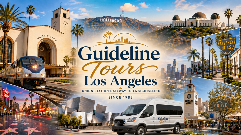 Collage of Los Angeles landmarks and a tour van from Guideline Tours.