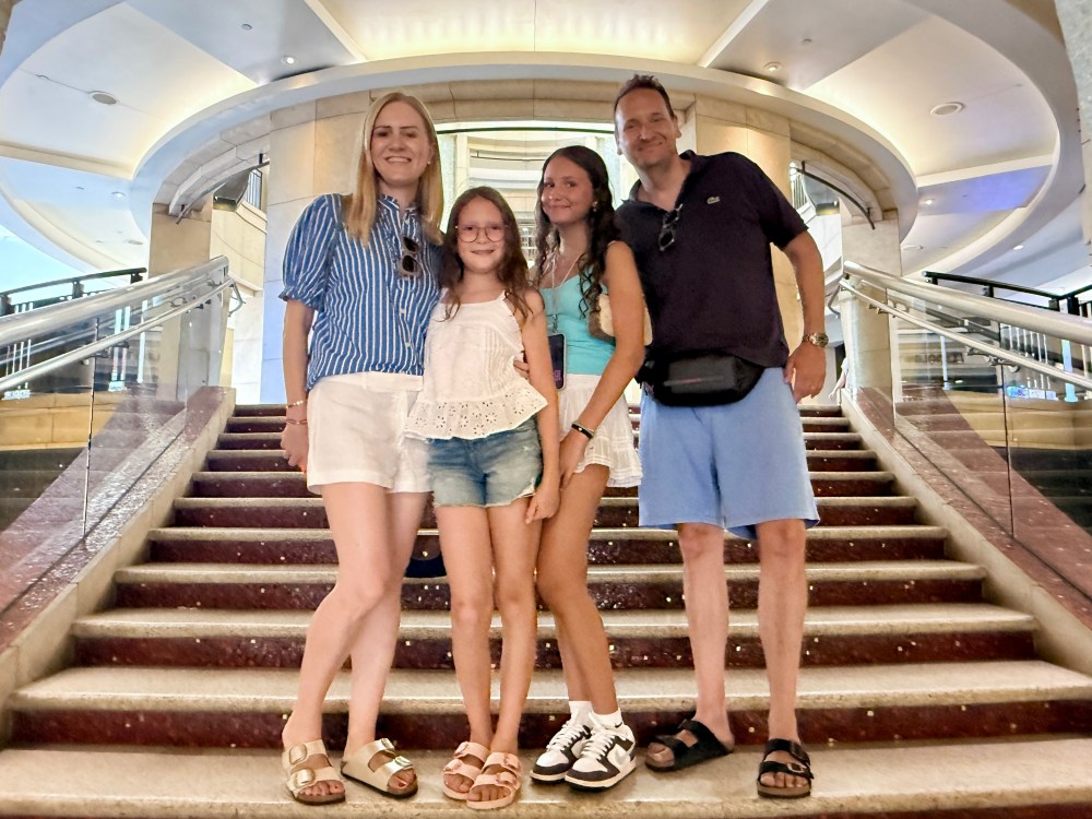 Family from Croatia on red carpet staircase at Dolby Theatre entrance in Hollywood